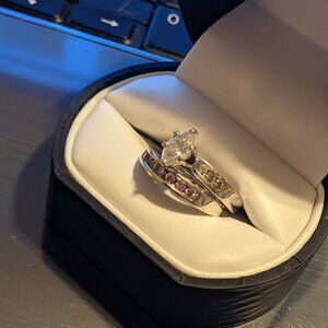 10k White Gold Wedding Band with Marquis Diamond and Miniature Diamond Setting